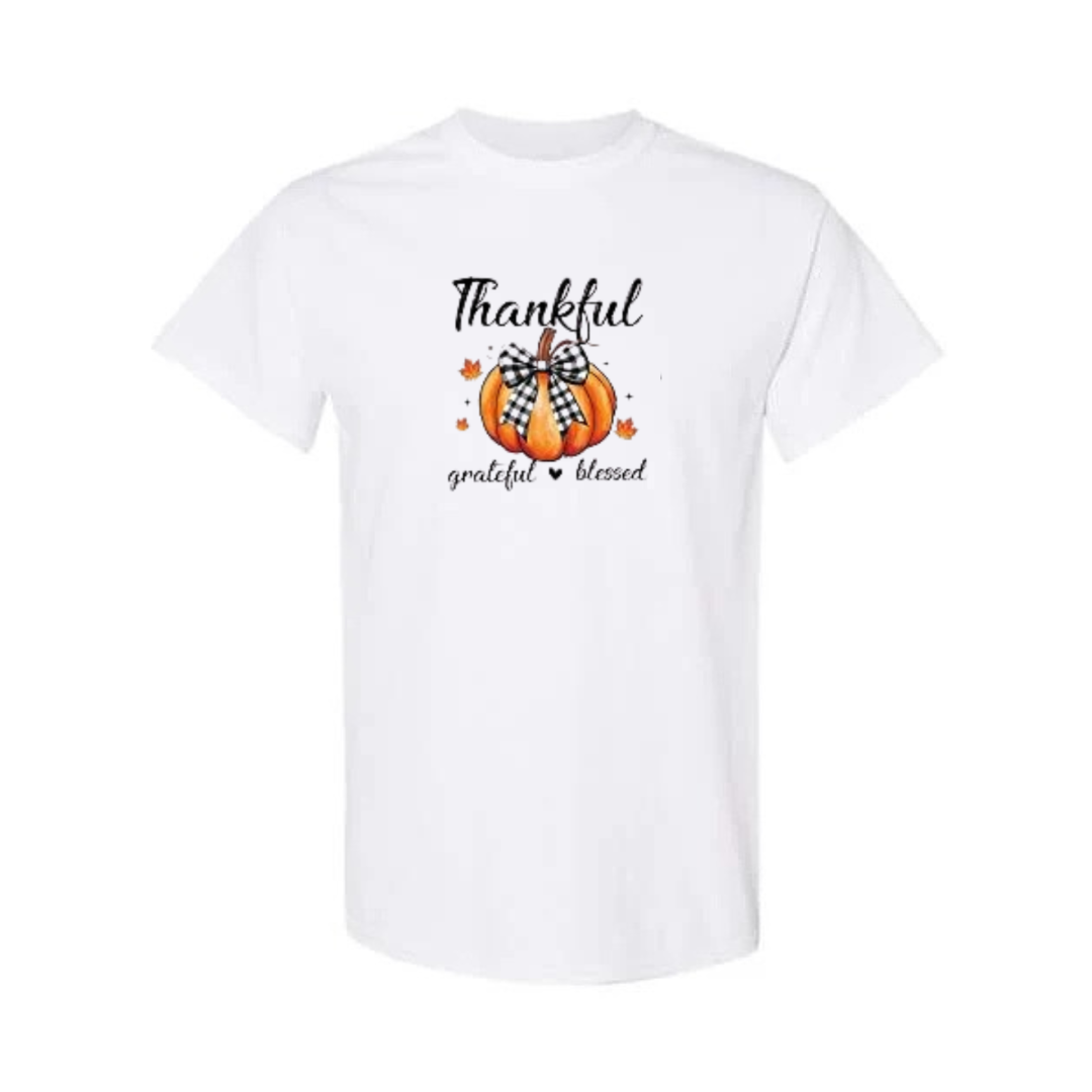 Thankful Grateful Blessed design on white short sleeve tee