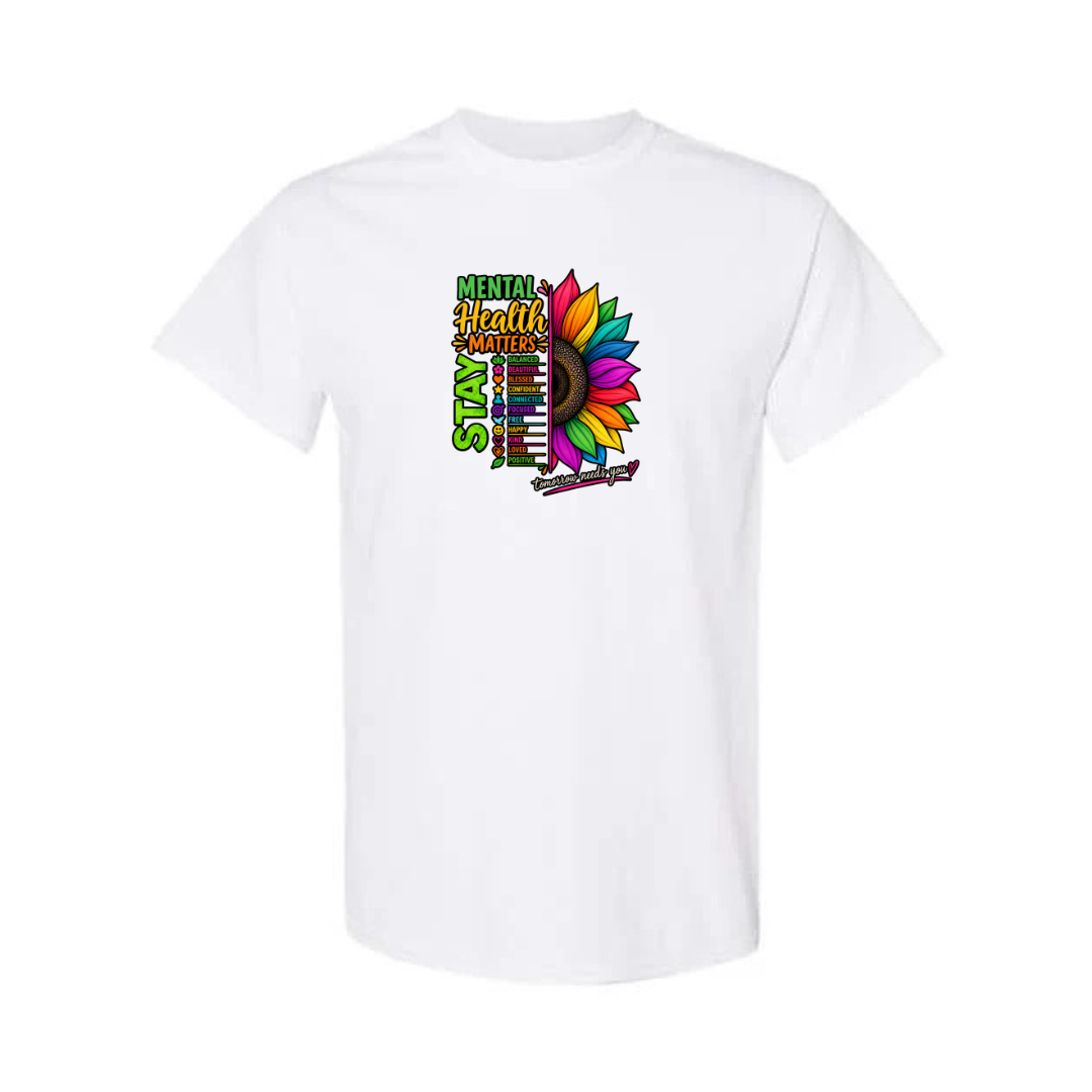 Mental Health Matters — Rainbow Sunflower design on white short sleeve tee