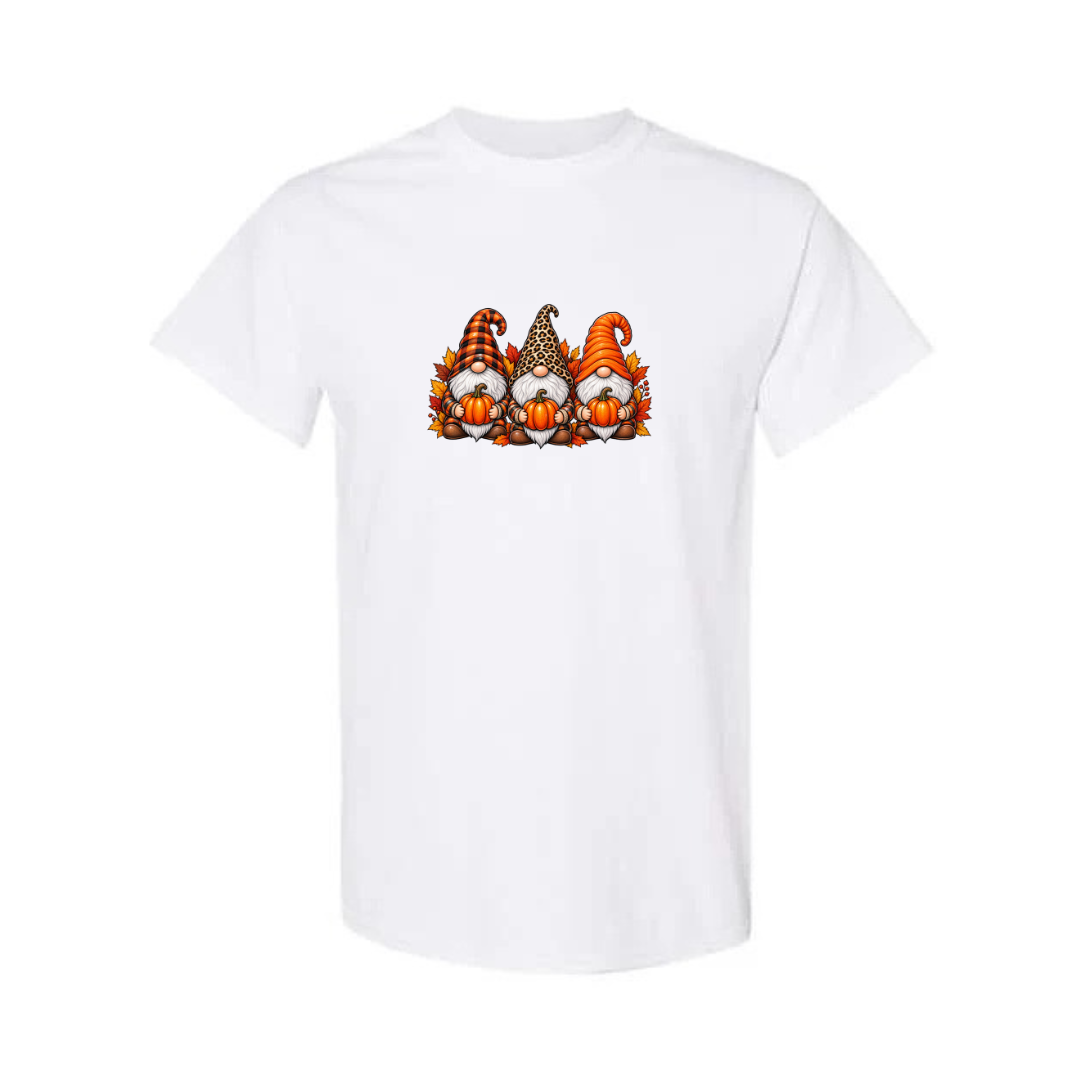 Fall Gnomes design on white short sleeve tee