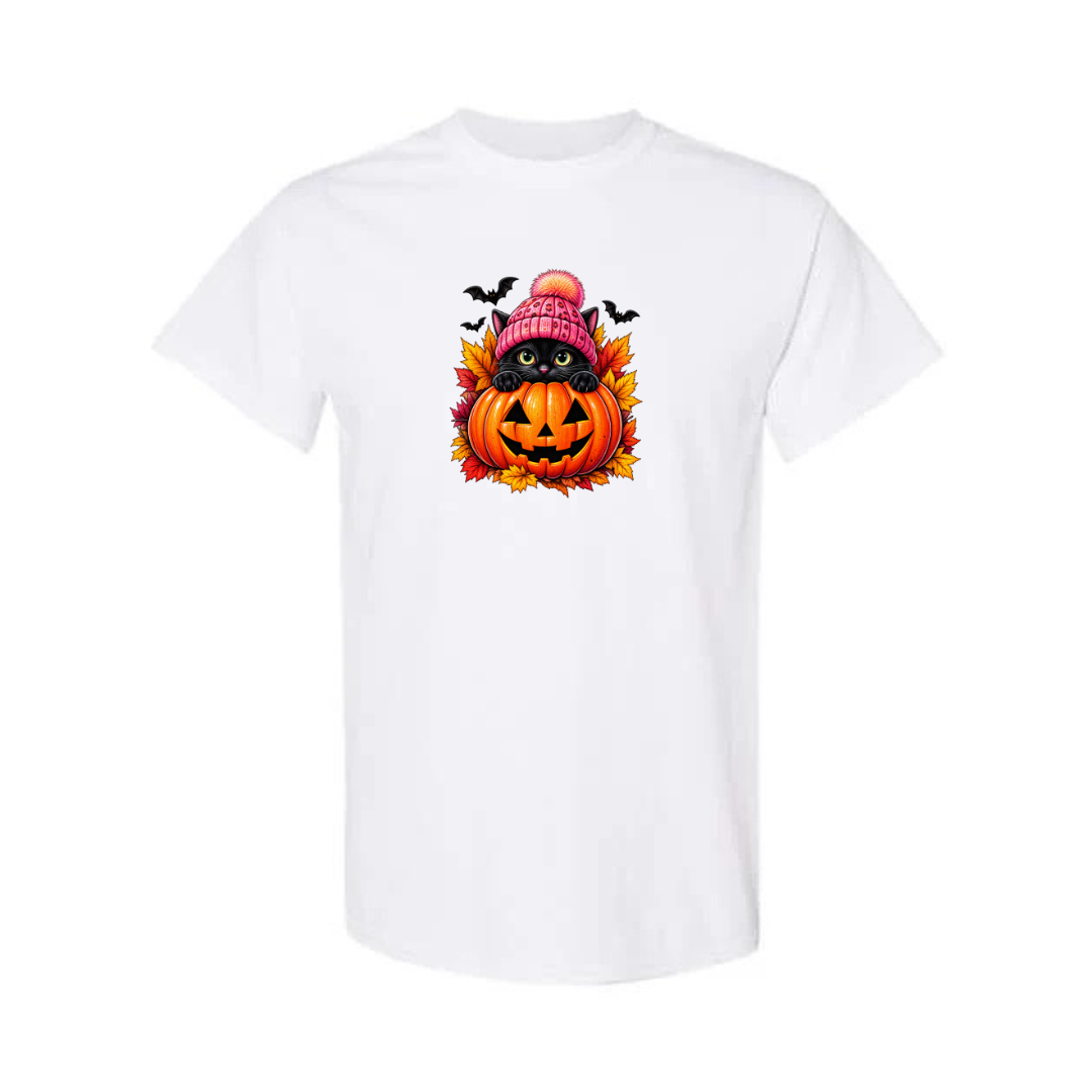 Black Cat Jack-O-Lantern design on white short sleeve tee