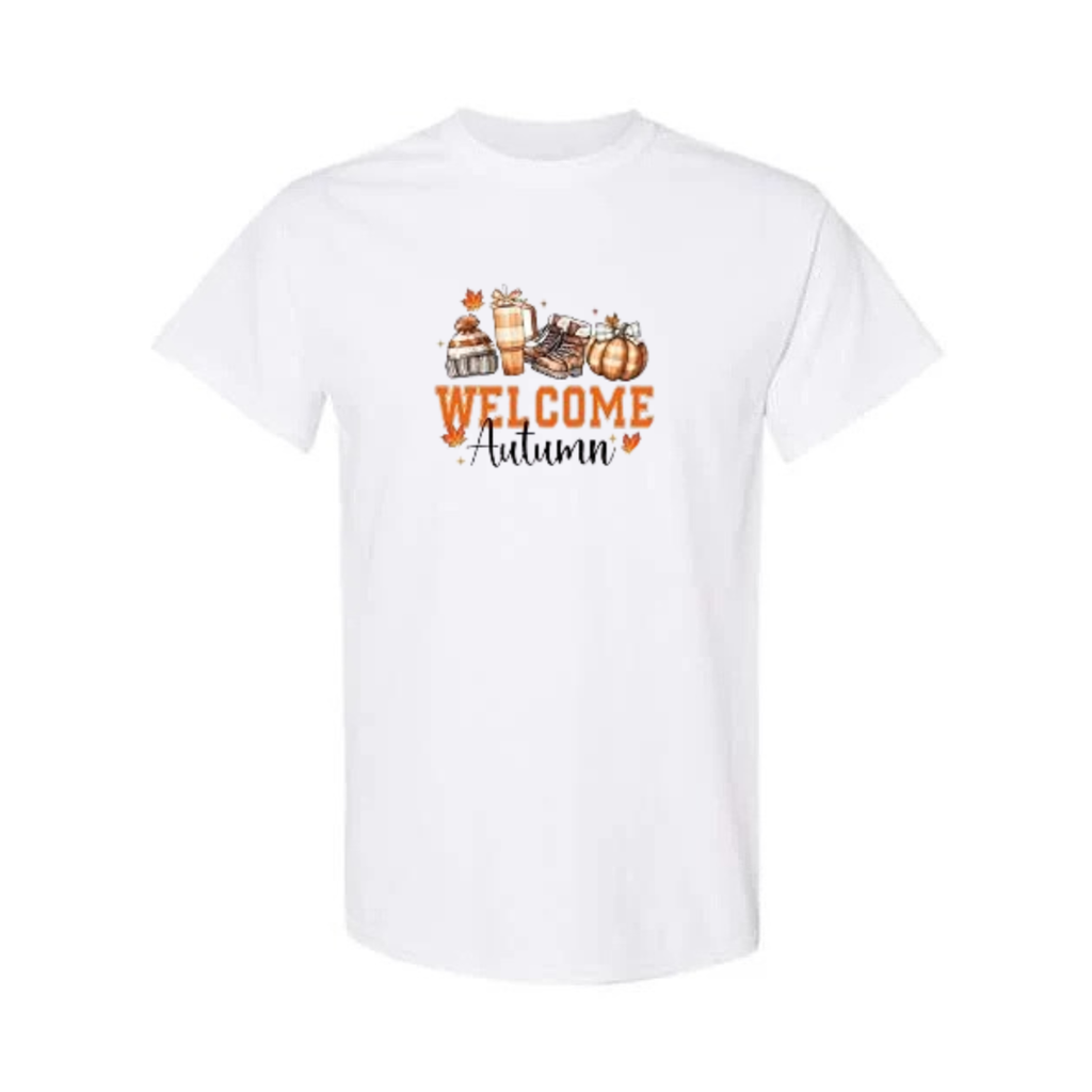 Welcome Autumn design on white short sleeve tee