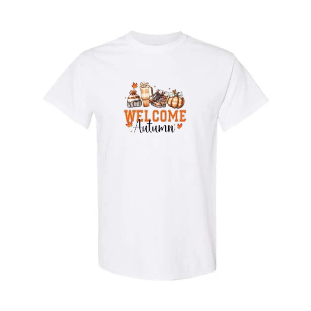 Welcome Autumn design on white short sleeve tee