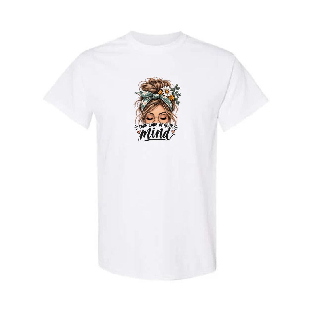 Take Care of Your Mind design on white short sleeve tee