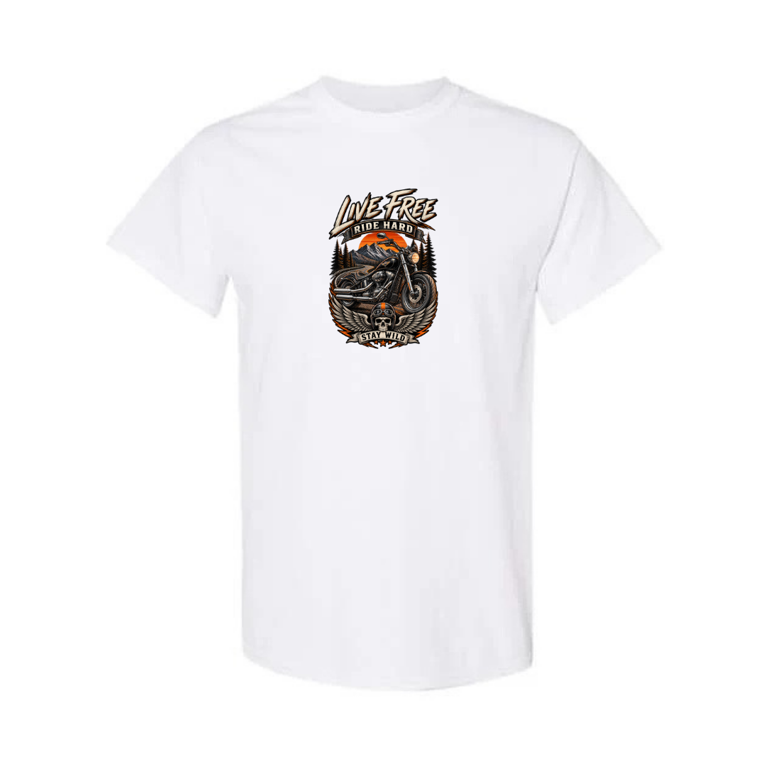 Live Free Ride Hard design on white short sleeve tee