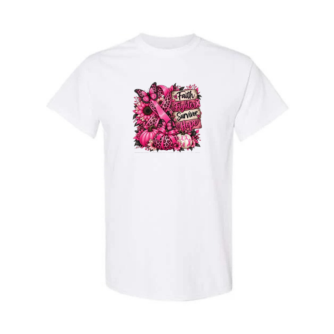 Faith Fighter Survivor Hope design on white short sleeve tee