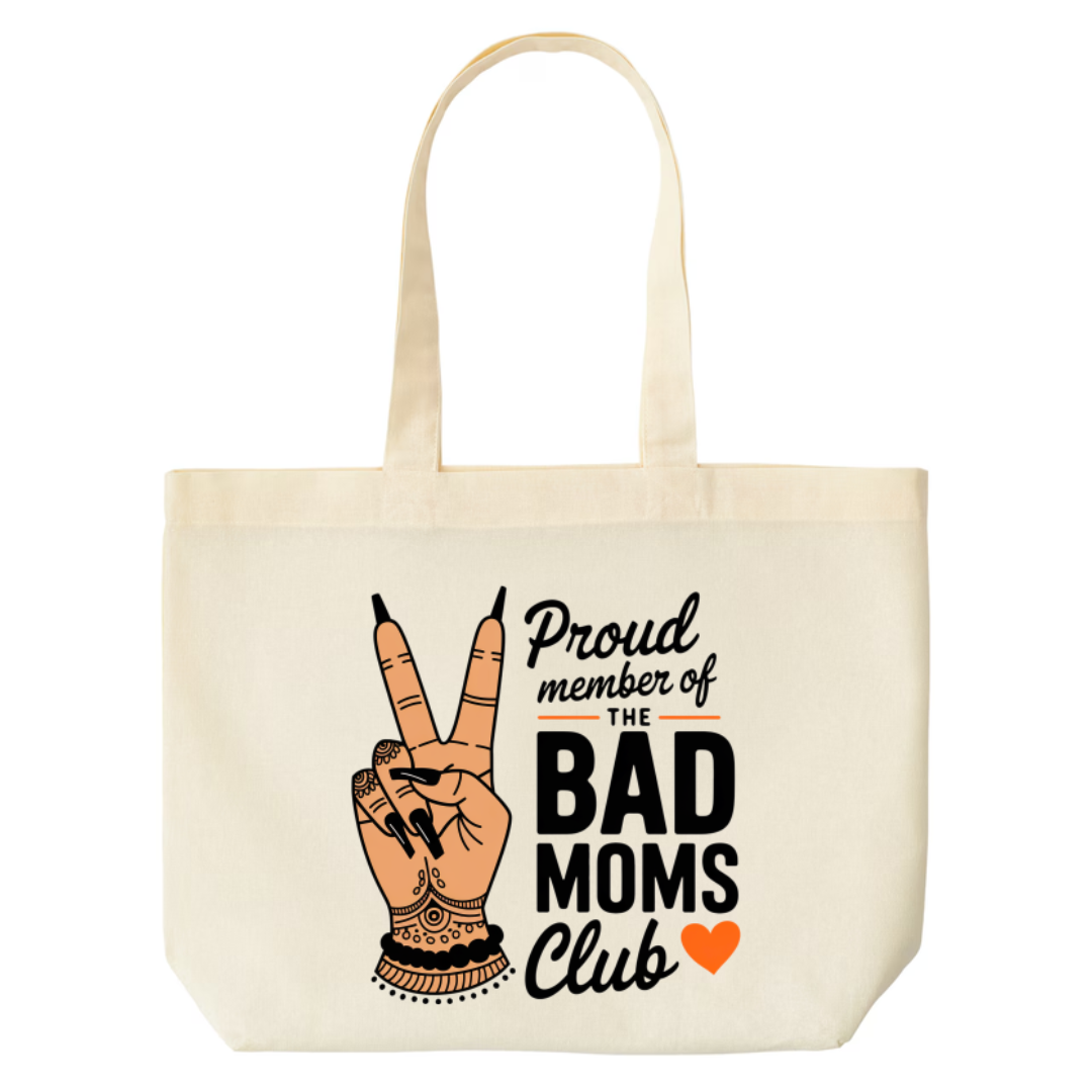 Proud Member of the Bad Moms Club design on natural canvas tote