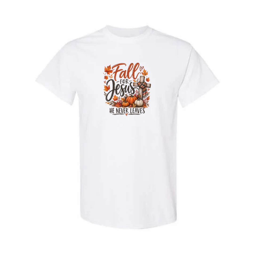 Fall For Jesus He Never Leaves — Watercolor design on white short sleeve tee