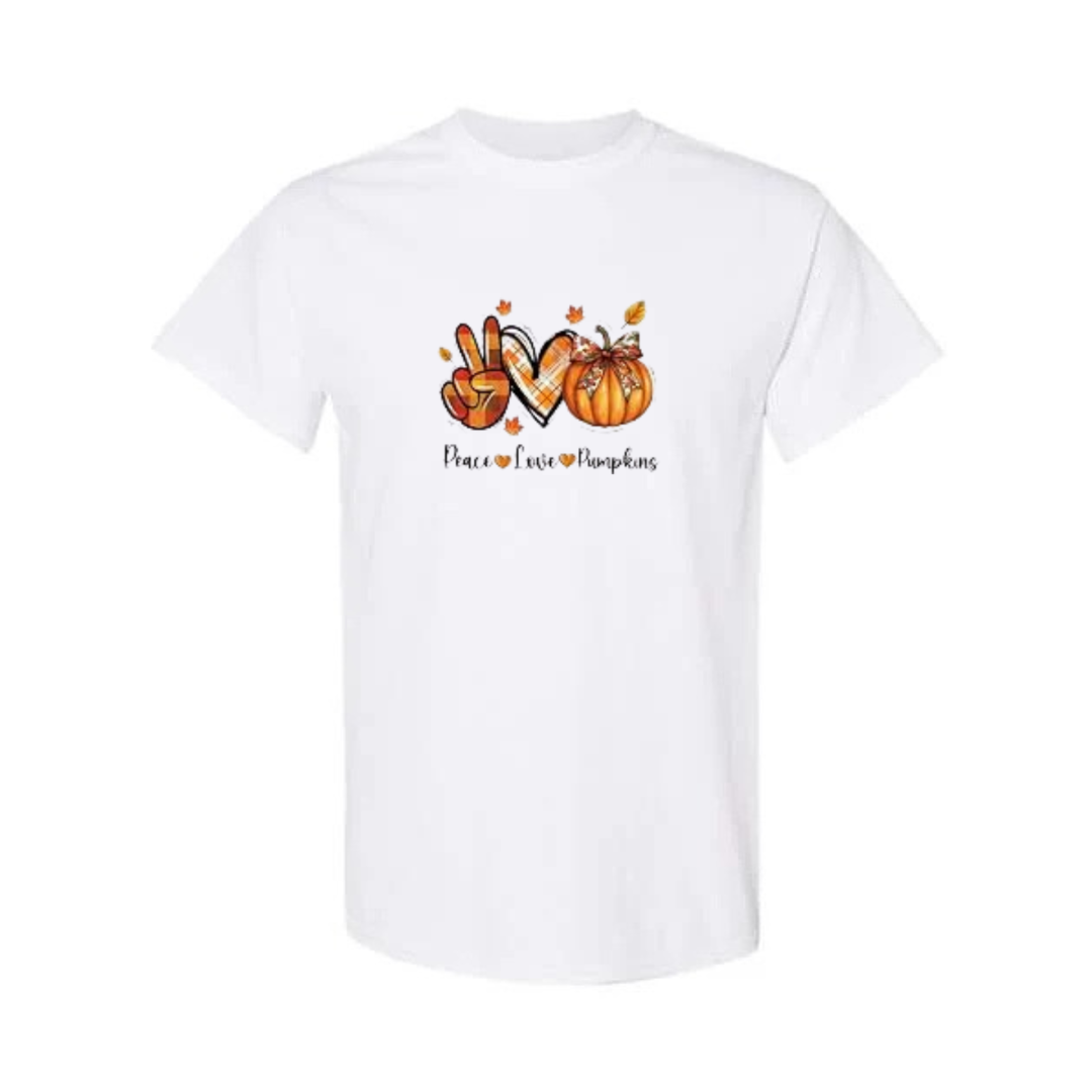 Peace Love Pumpkins design on white short sleeve tee