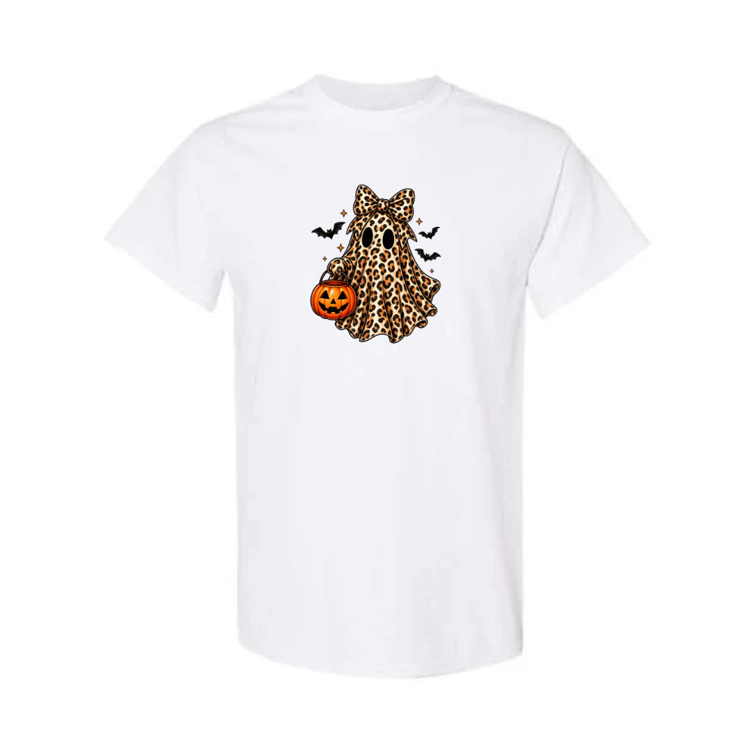 Leopard Ghost With Pumpkin Pail design on white short sleeve tee
