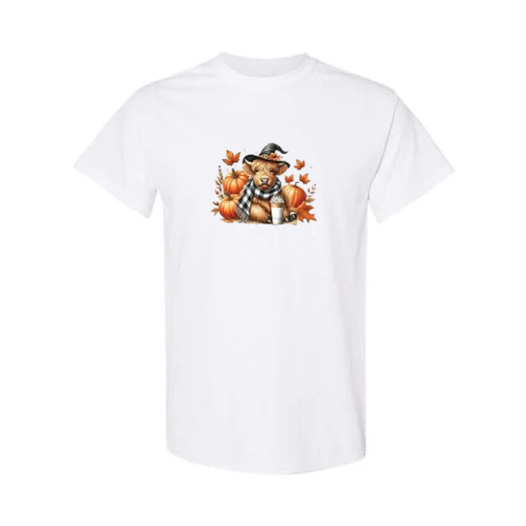 Cozy Highland Cow design on white short sleeve tee