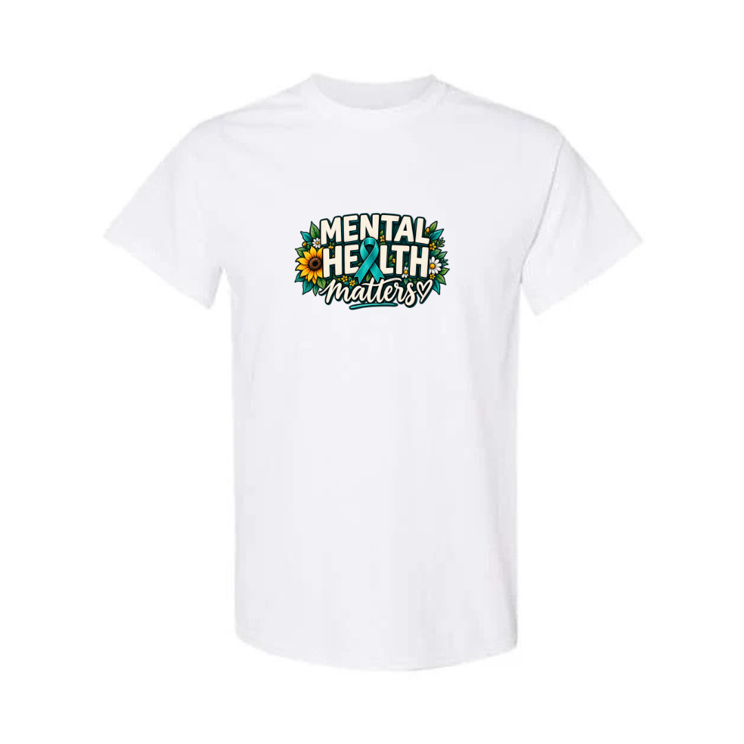 Mental Health Matters — Teal Ribbon design on white short sleeve tee