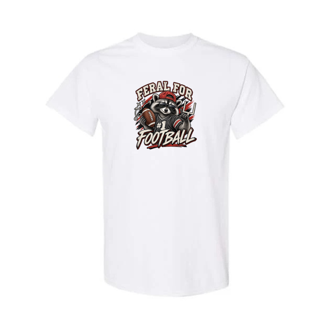 Feral For Football — Varsity Red design on white short sleeve tee