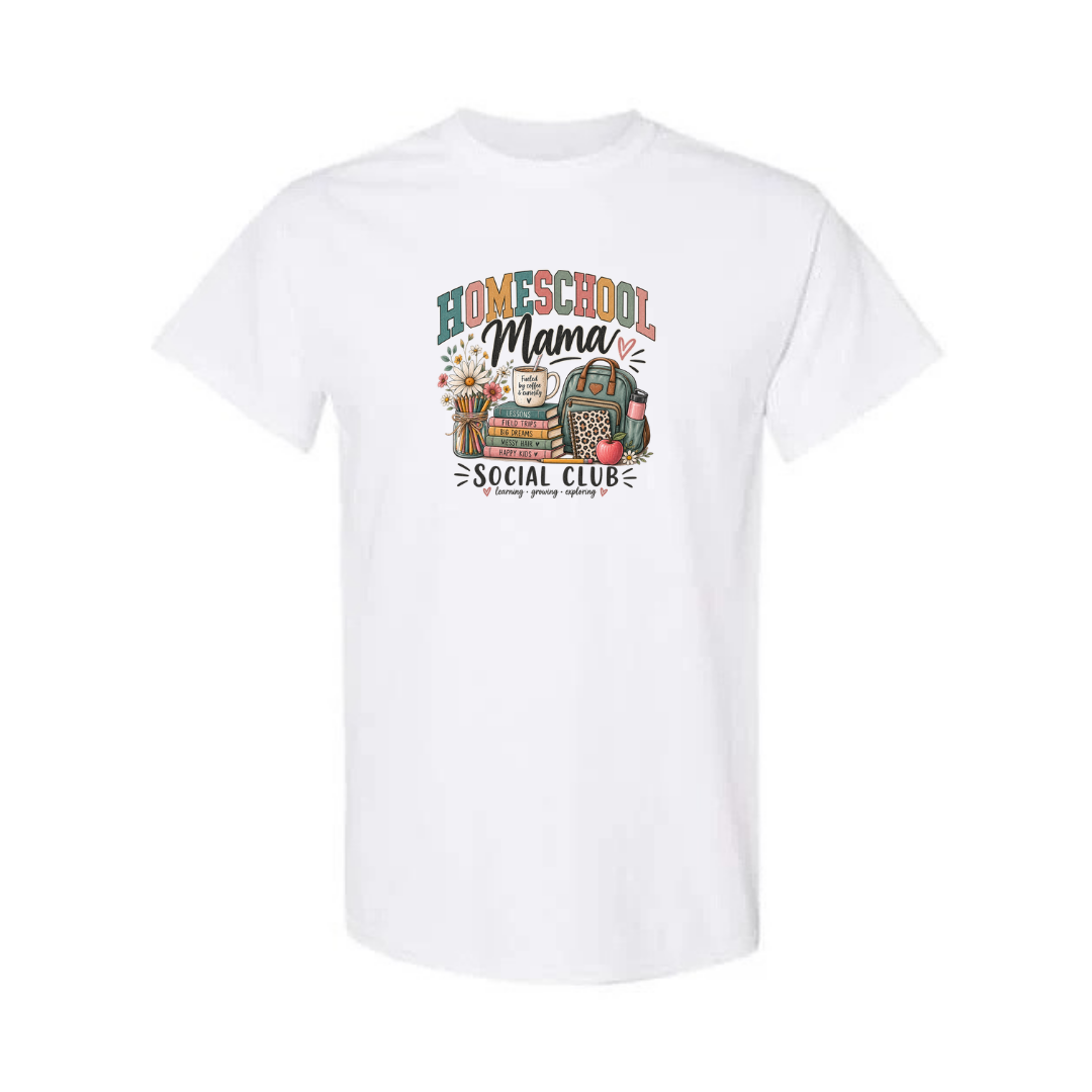 Homeschool Mama Social Club design on white short sleeve tee