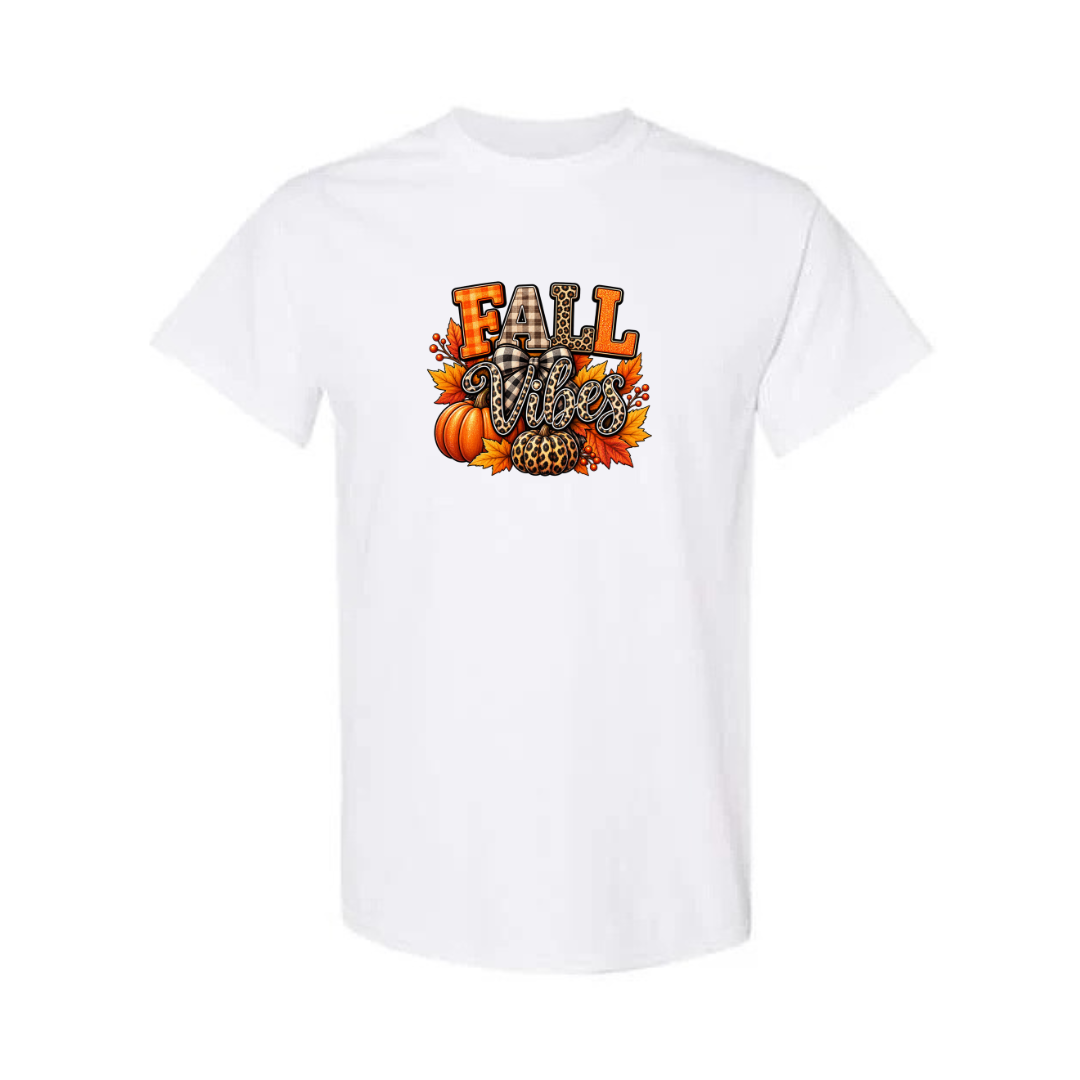 Fall Vibes design on white short sleeve tee
