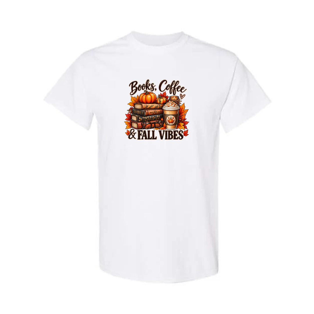 Books Coffee & Fall Vibes design on white short sleeve tee