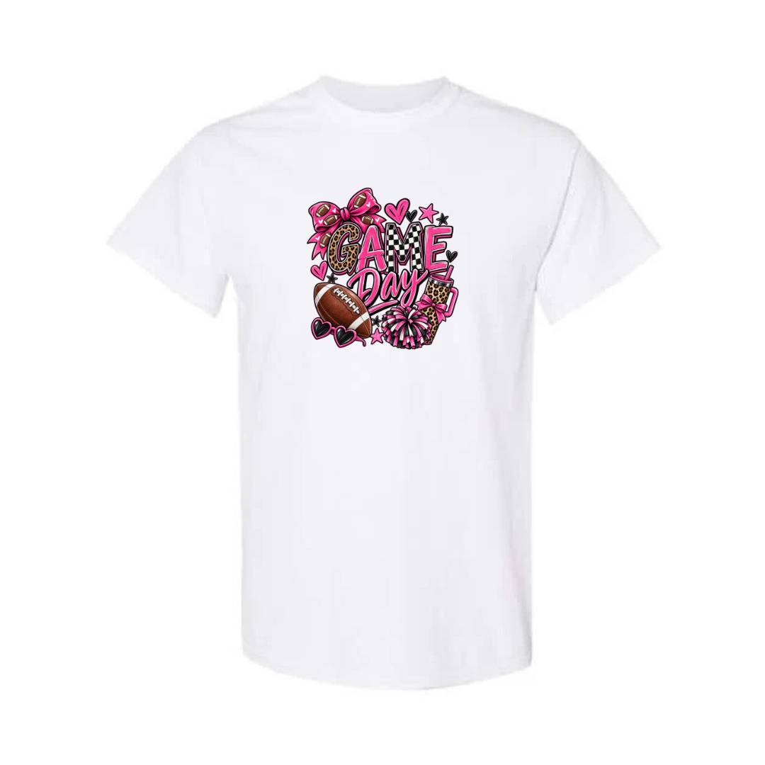 Game Day — Pink Leopard design on white short sleeve tee