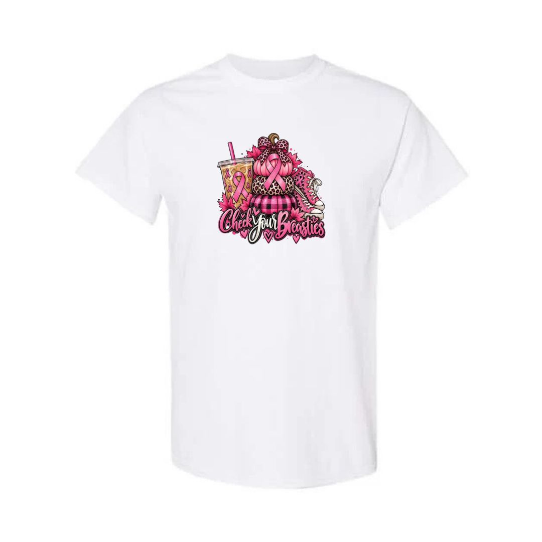 Check Your Breasties design on white short sleeve tee