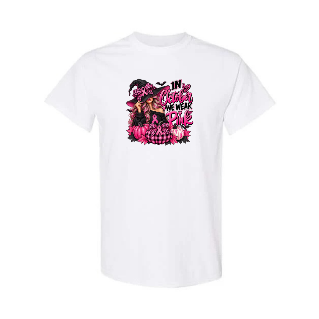 In October We Wear Pink — Witch Hat design on white short sleeve tee