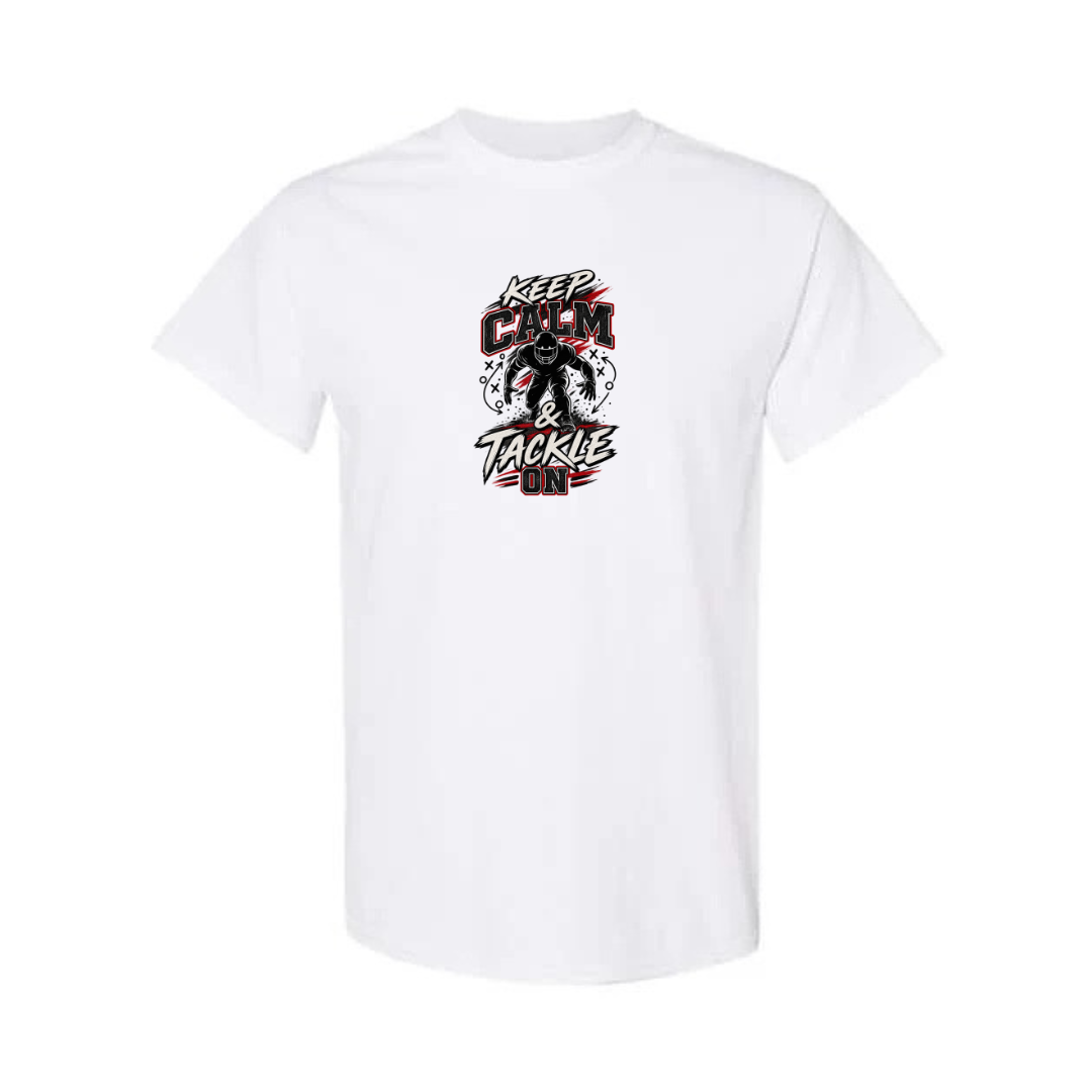 Keep Calm And Tackle On design on white short sleeve tee