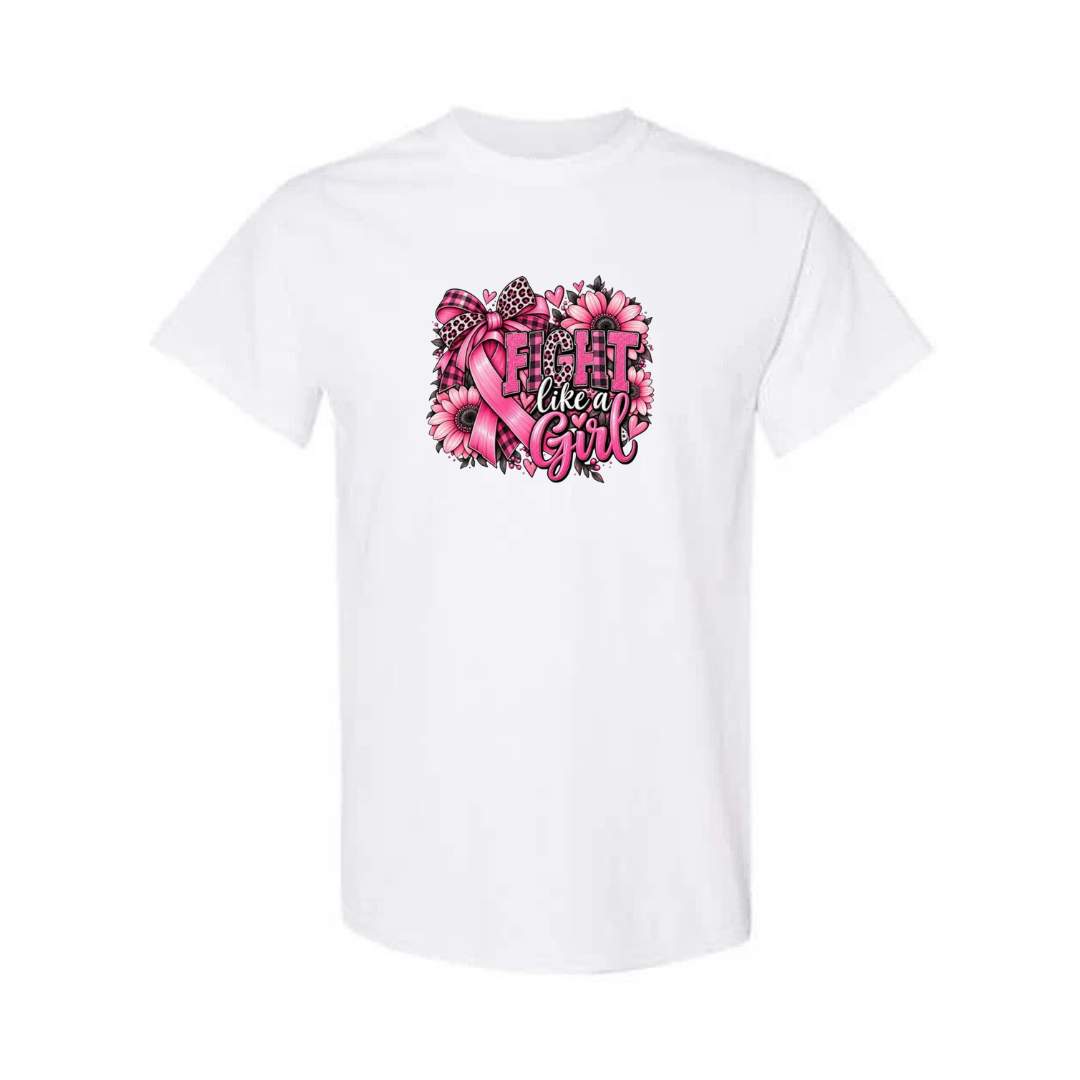 Fight Like A Girl — Sunflower Bow design on white short sleeve tee