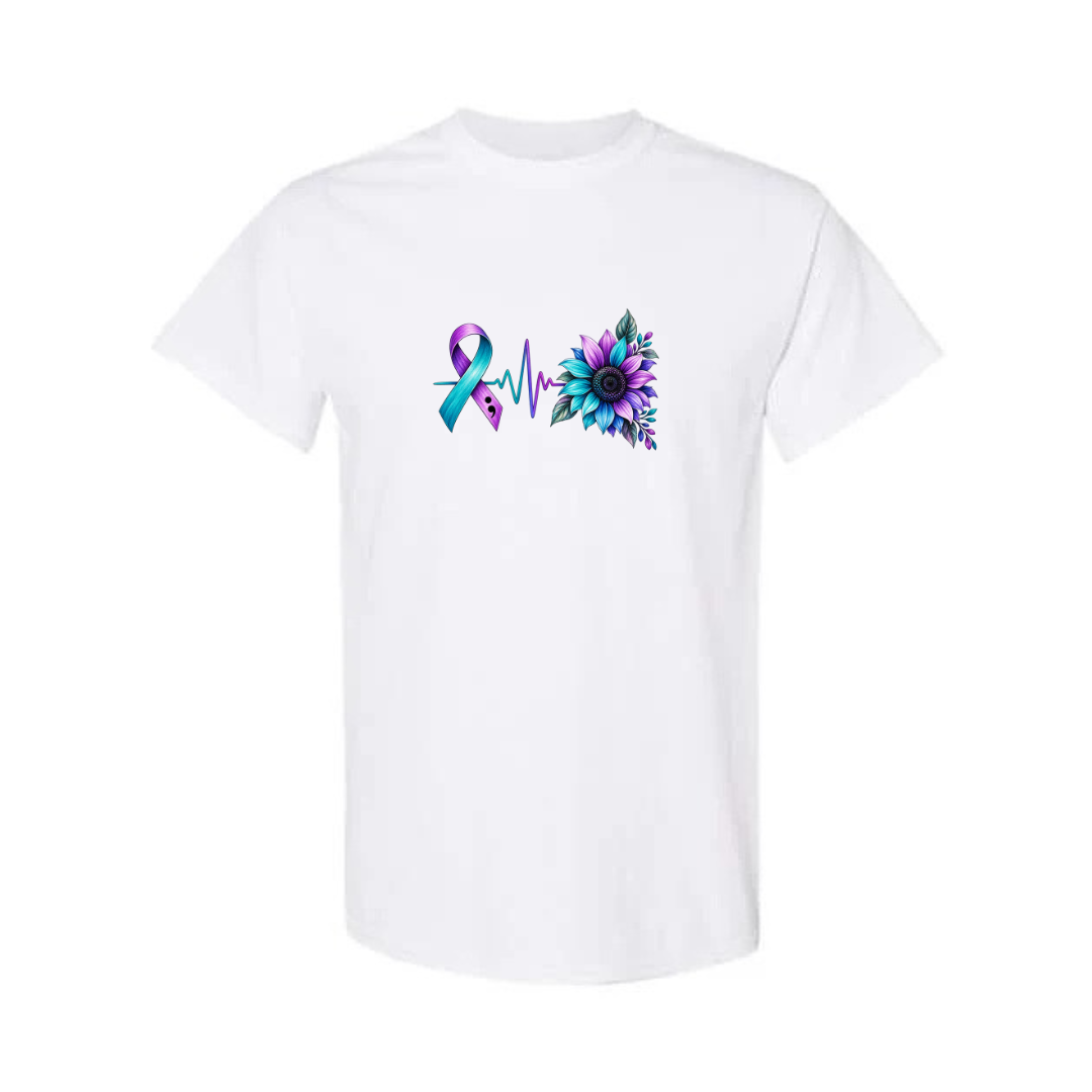 Suicide Prevention Ribbon Sunflower design on white short sleeve tee