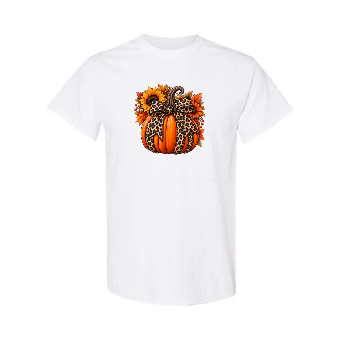 Leopard Pumpkin With Bow design on white short sleeve tee