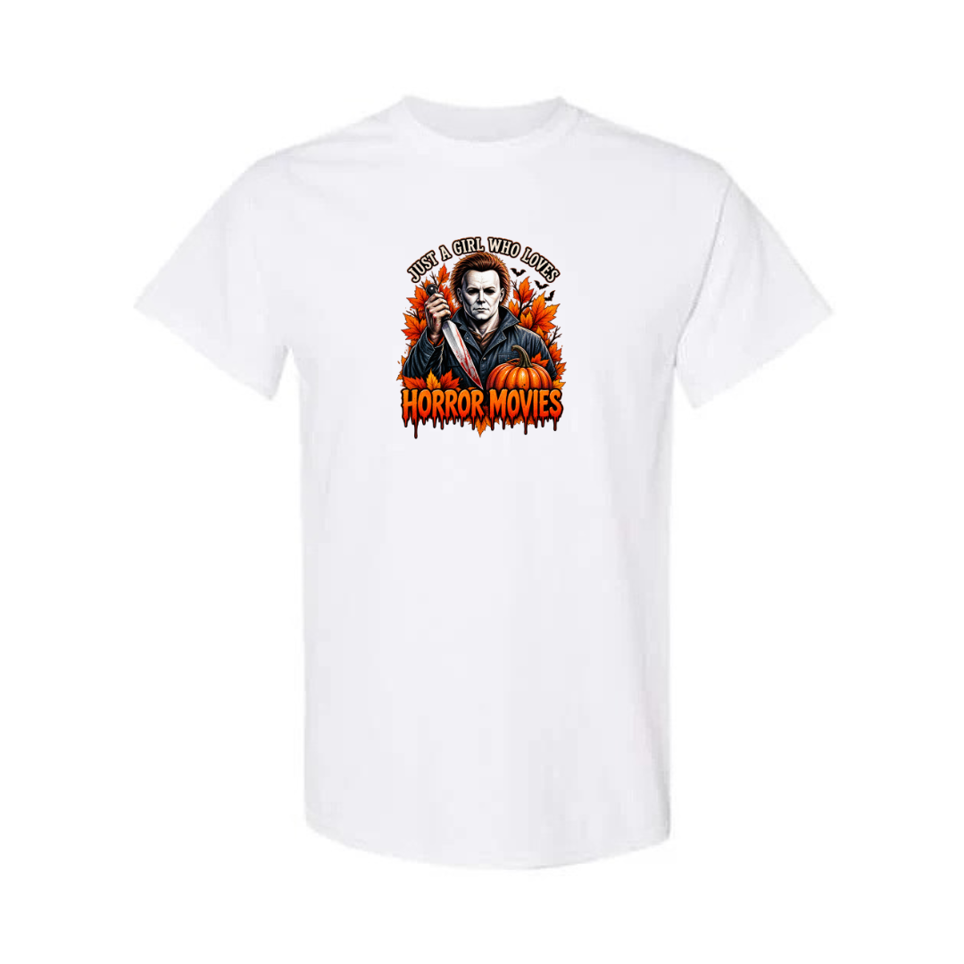 Just A Girl Who Loves Horror Movies design on white short sleeve tee