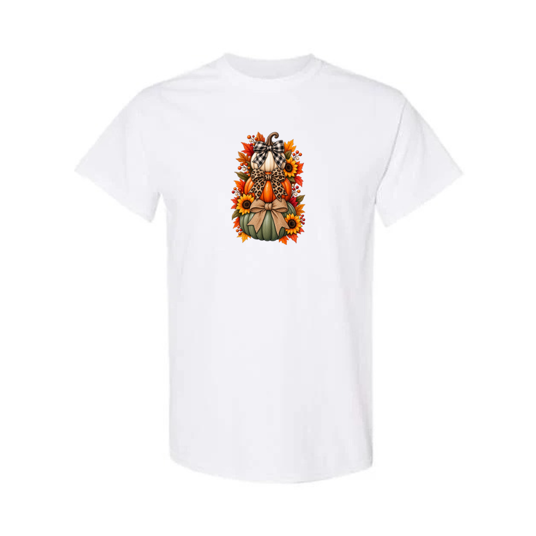 Stacked Pumpkins With Bows design on white short sleeve tee