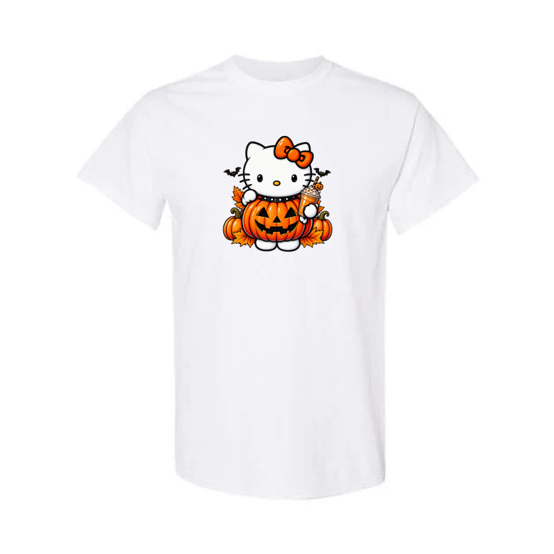 Kitty Pumpkin Latte design on white short sleeve tee