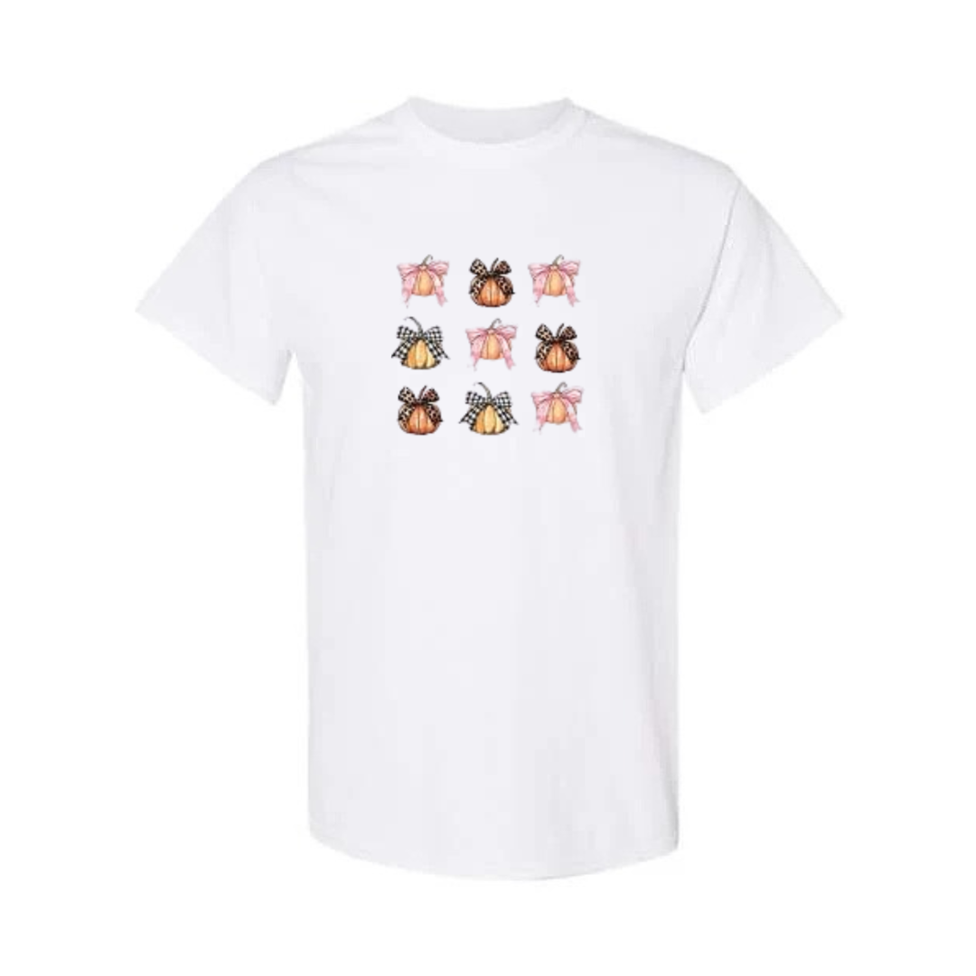 Coquette Pumpkin Bows design on white short sleeve tee