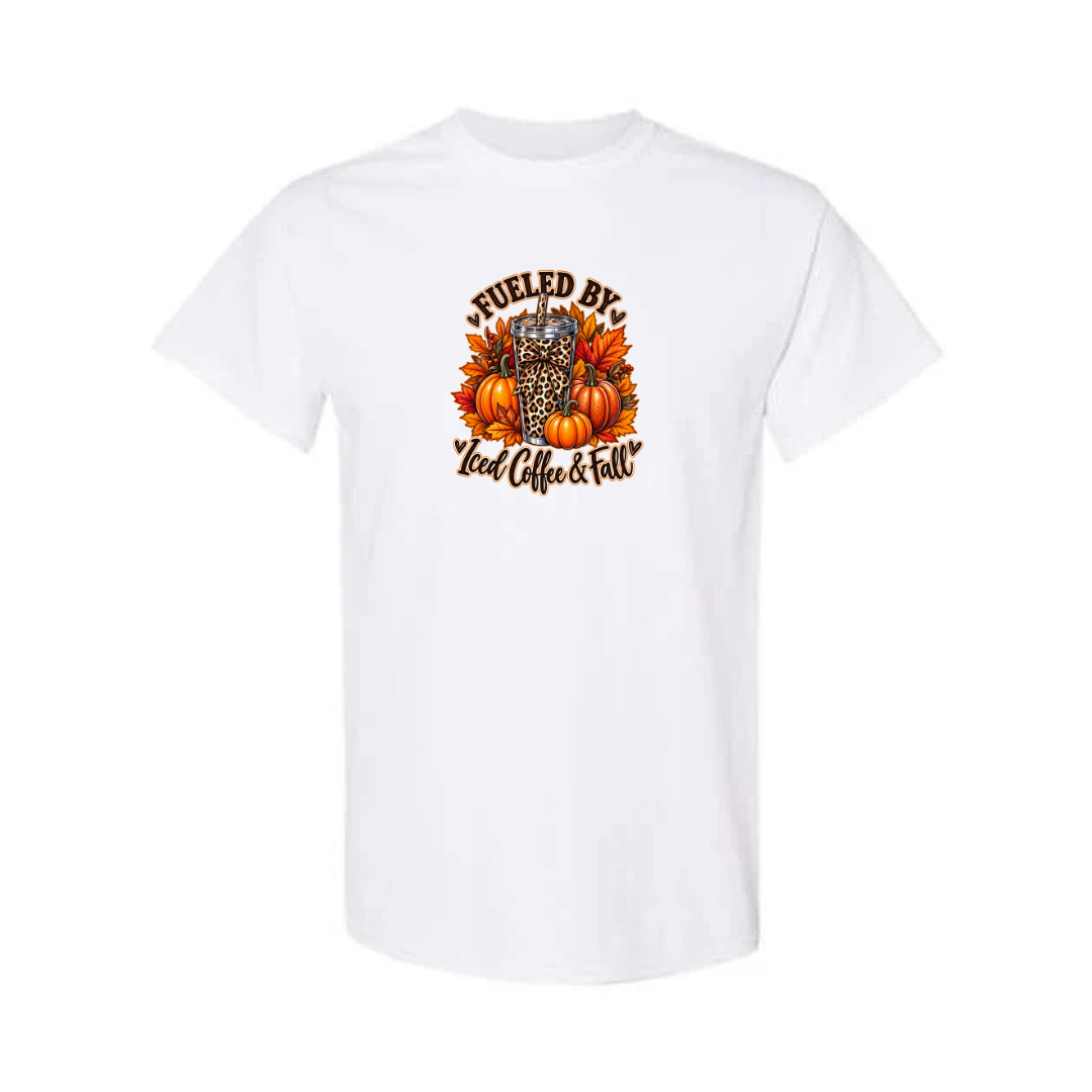 Fueled By Iced Coffee & Fall design on white short sleeve tee