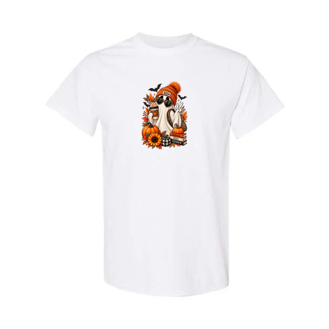 Pumpkin Spice Season Ghost design on white short sleeve tee