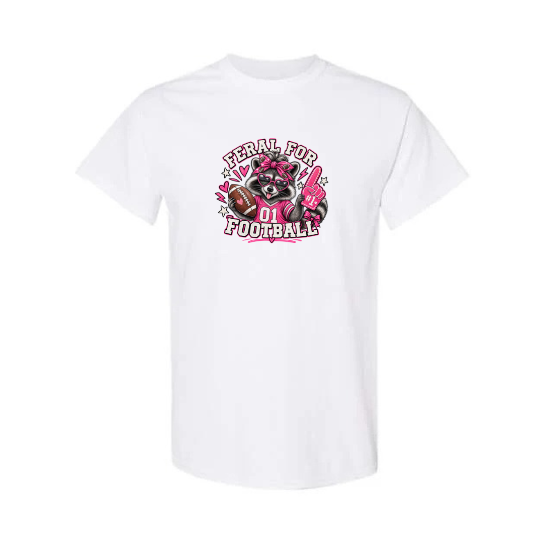 Feral For Football — Pink Cheer design on white short sleeve tee