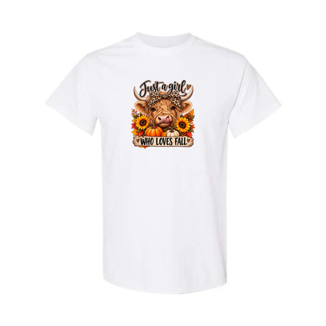 Just A Girl Who Loves Fall design on white short sleeve tee
