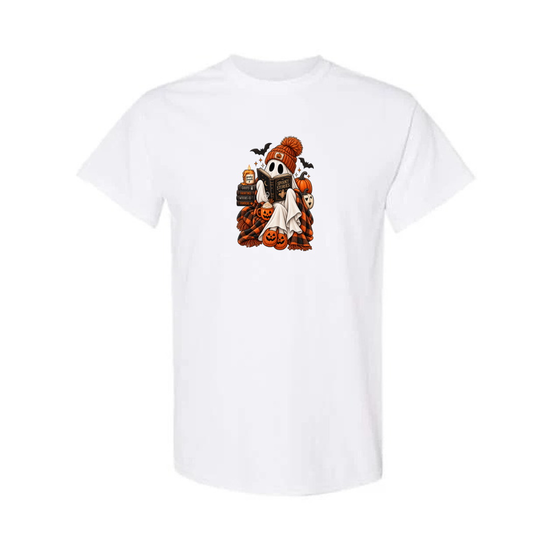 Spooky Stories design on white short sleeve tee