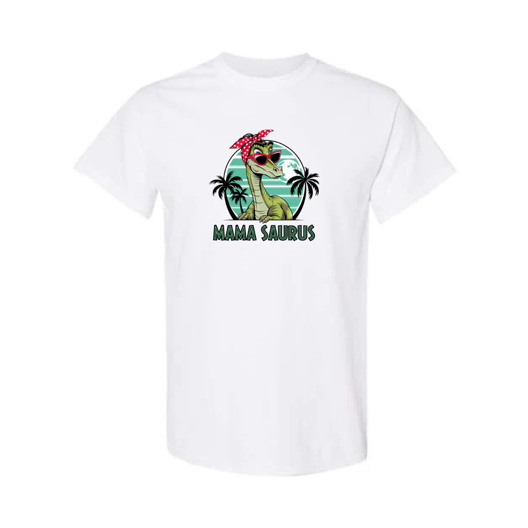 Mama Saurus design on white short sleeve tee