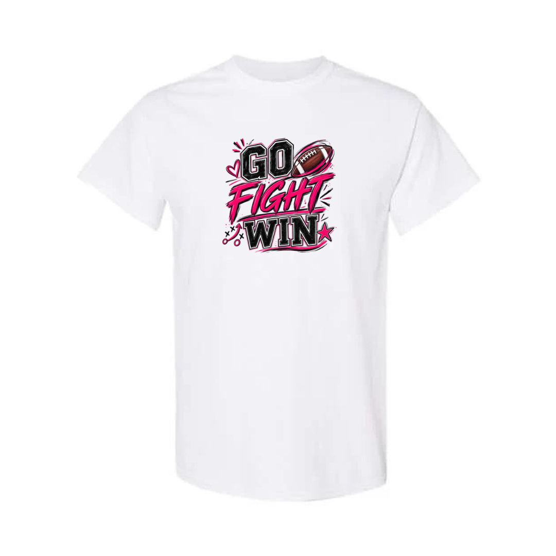 Go Fight Win design on white short sleeve tee