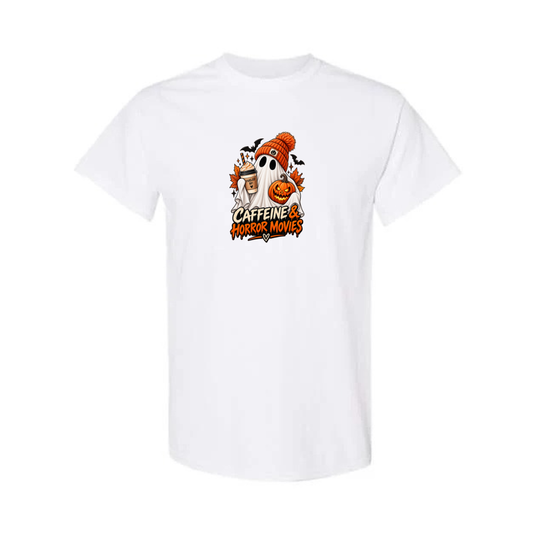 Caffeine & Horror Movies design on white short sleeve tee