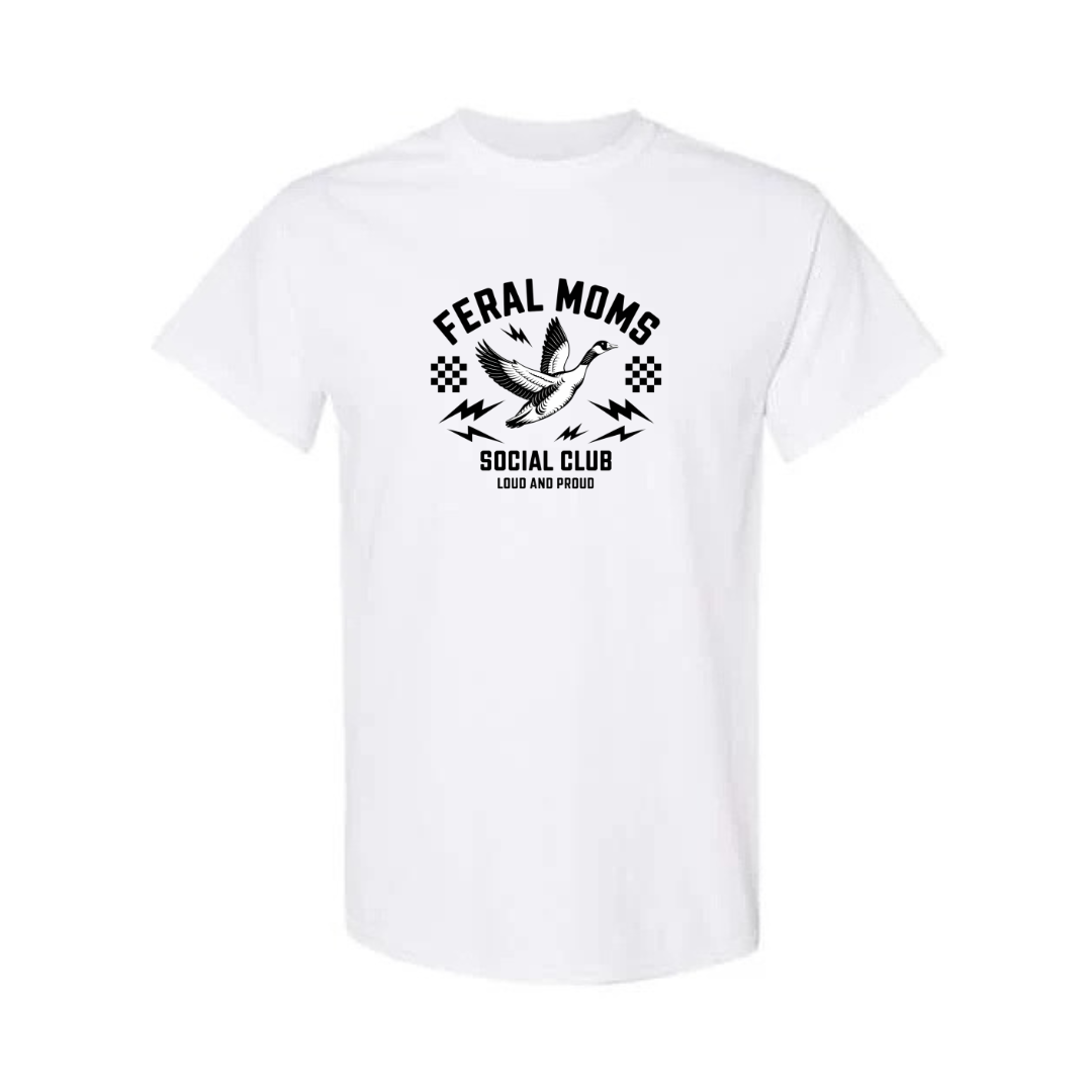 Feral Moms Social Club design on white short sleeve tee