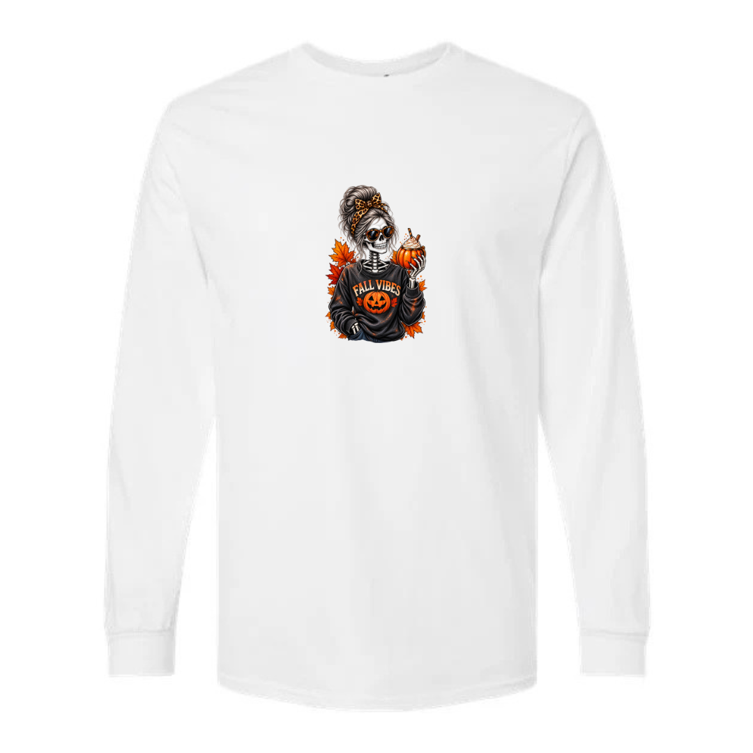 Fall Vibes Skeleton design on white long sleeve tee
