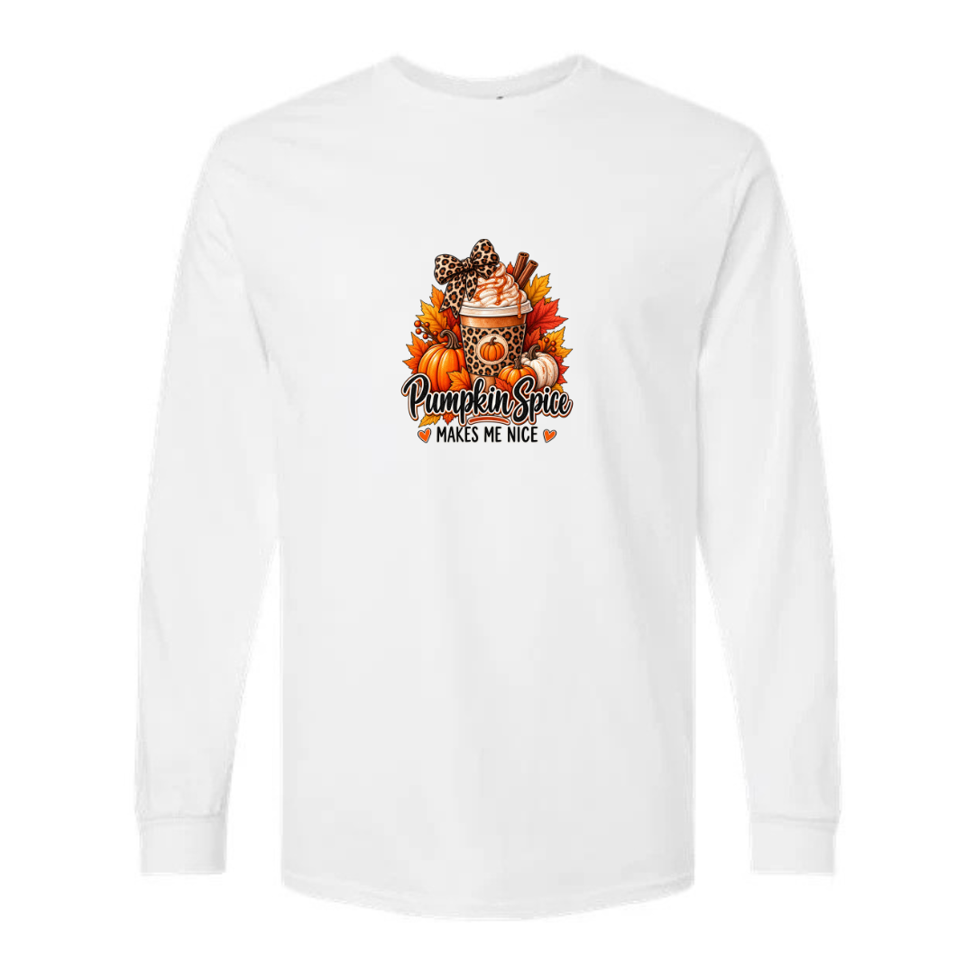 Pumpkin Spice Makes Me Nice design on white long sleeve tee