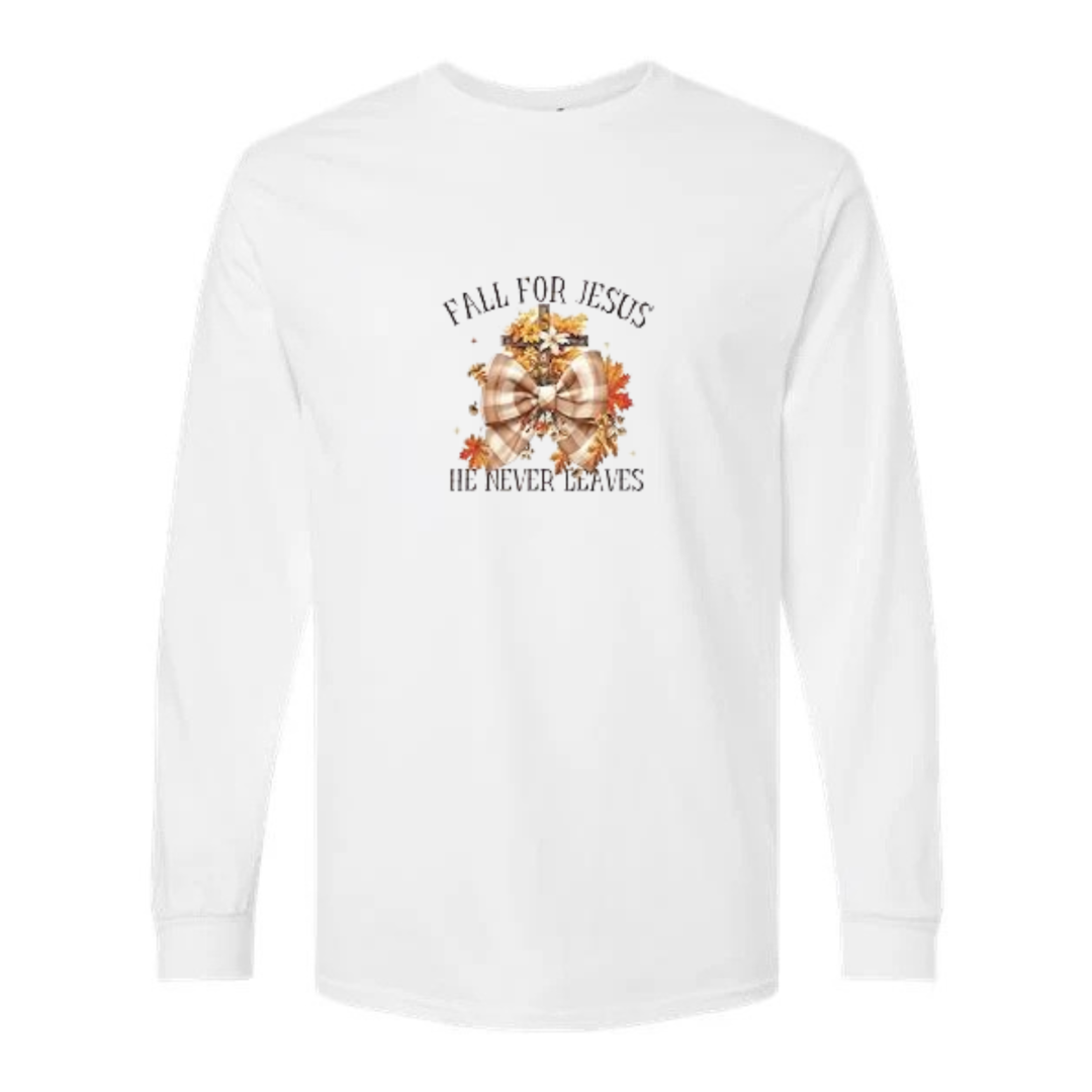 Fall For Jesus He Never Leaves design on white long sleeve tee