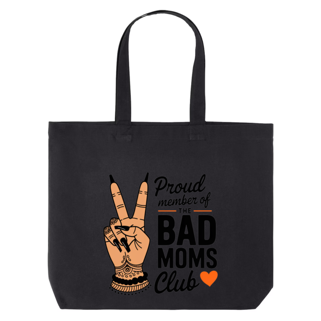 Proud Member of the Bad Moms Club design on black canvas tote
