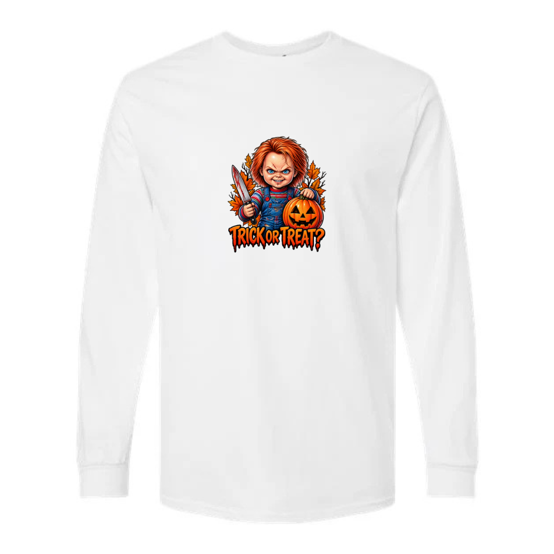 Trick Or Treat design on white long sleeve tee