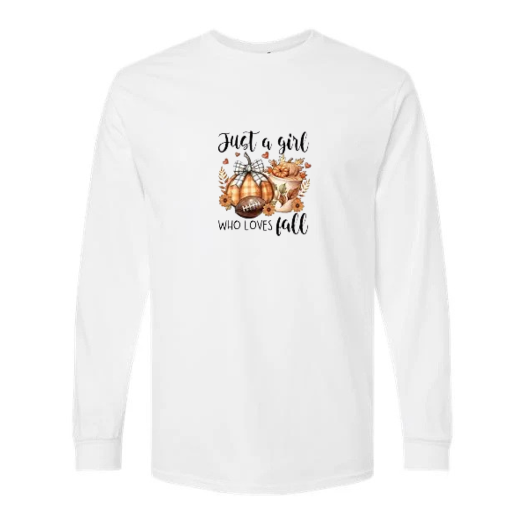 Just A Girl Who Loves Fall design on white long sleeve tee