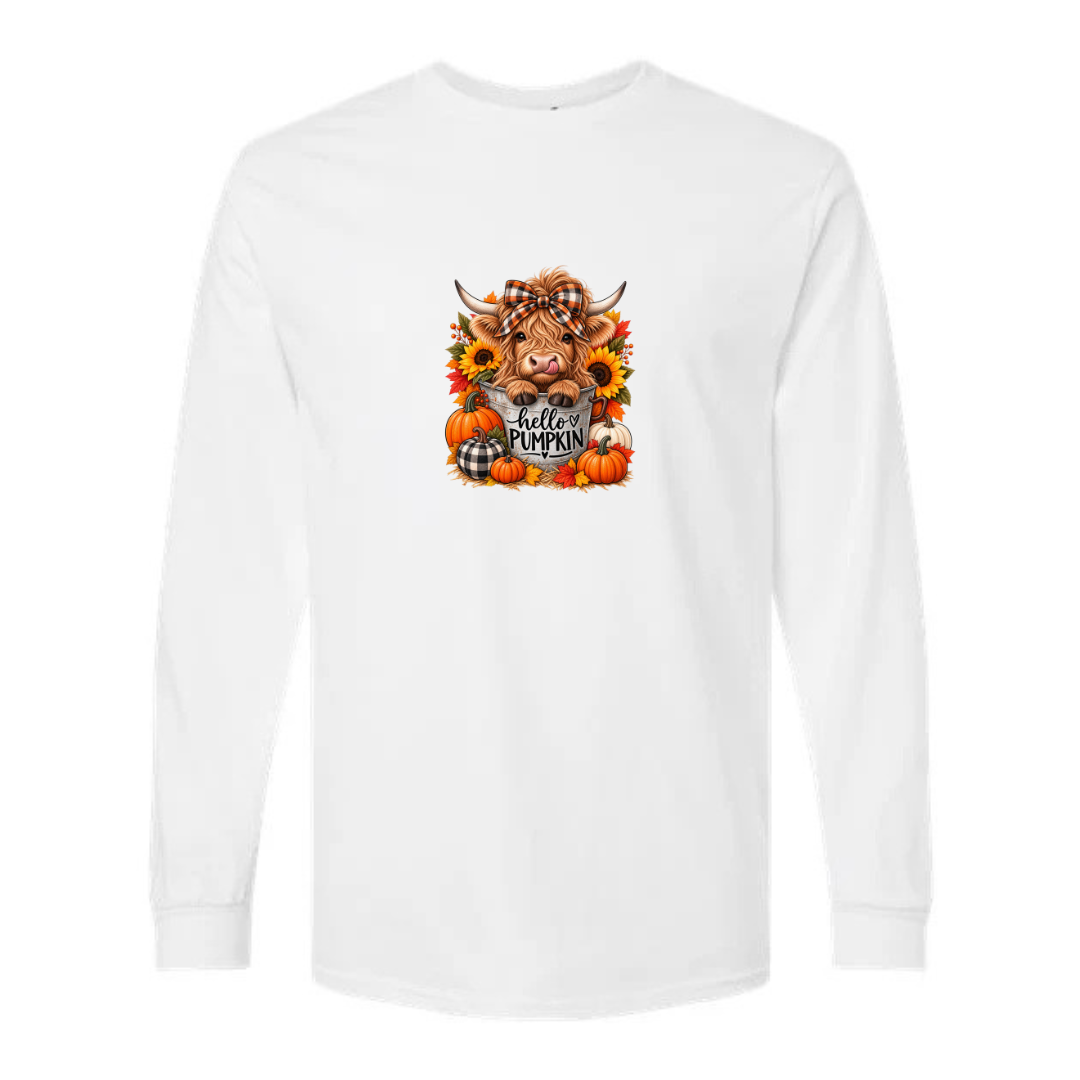 Hello Pumpkin Highland Cow design on white long sleeve tee