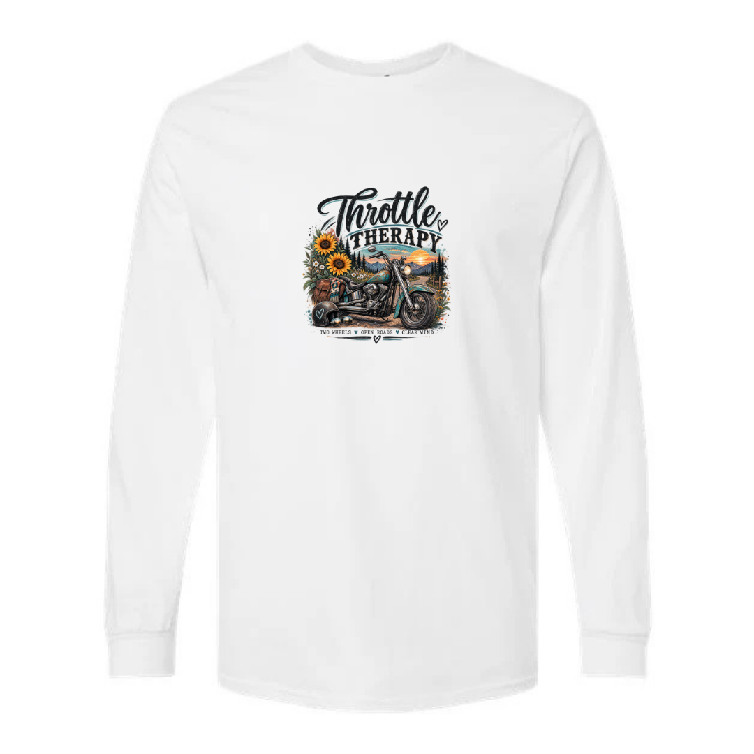 Throttle Therapy design on white long sleeve tee