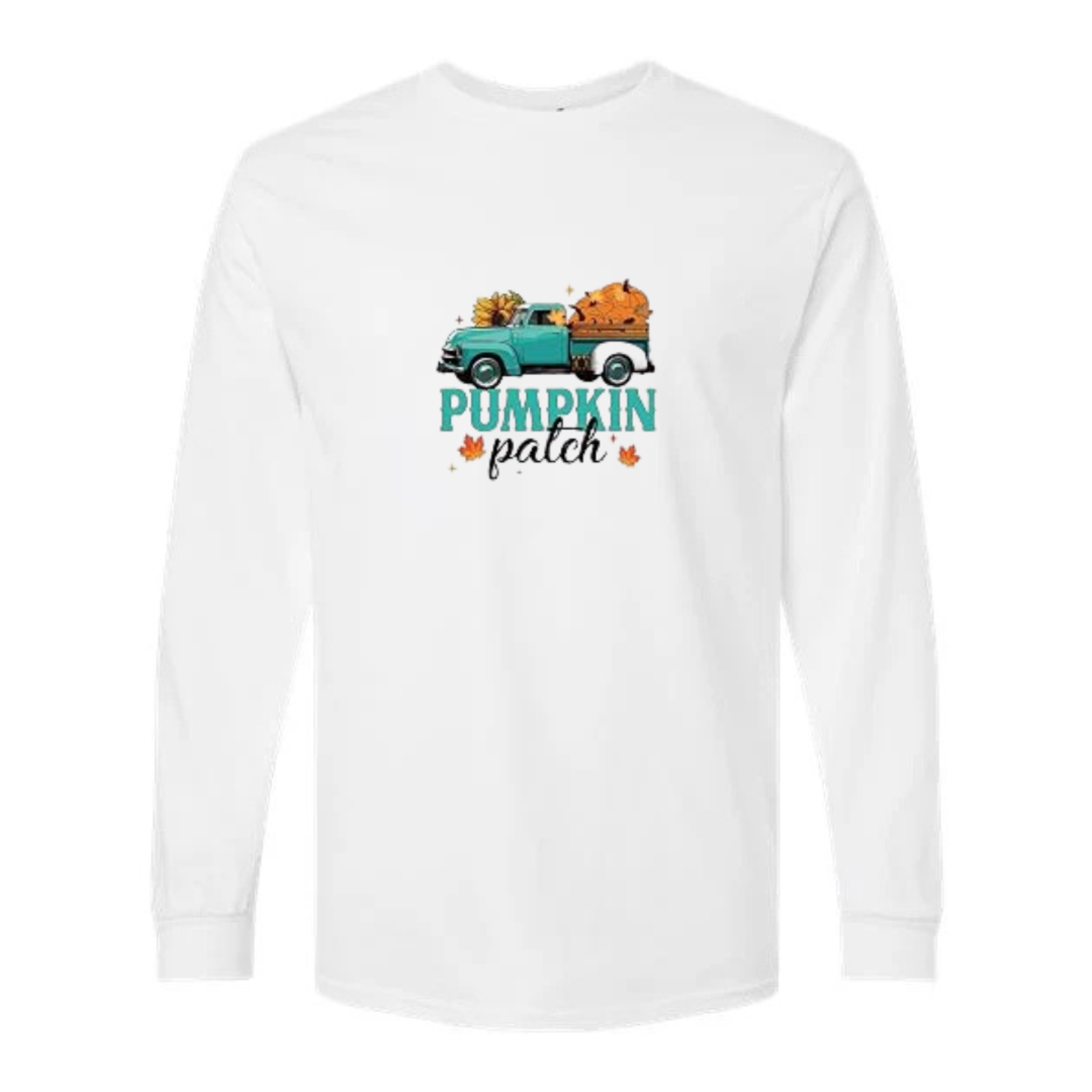 Pumpkin Patch design on white long sleeve tee