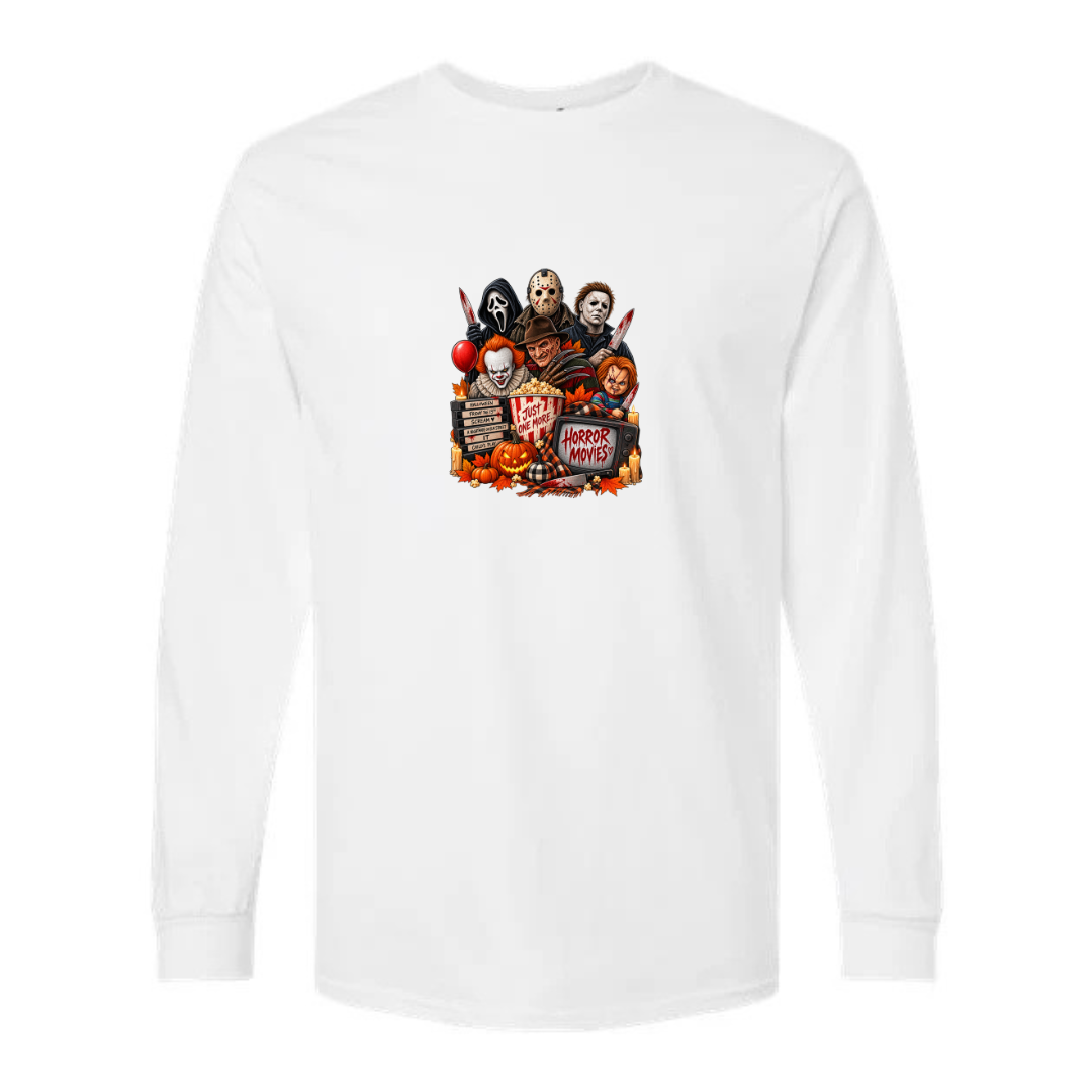 Just One More Horror Movie design on white long sleeve tee