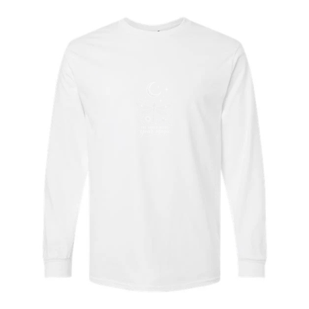 The World Needs Your Magic design on white long sleeve tee